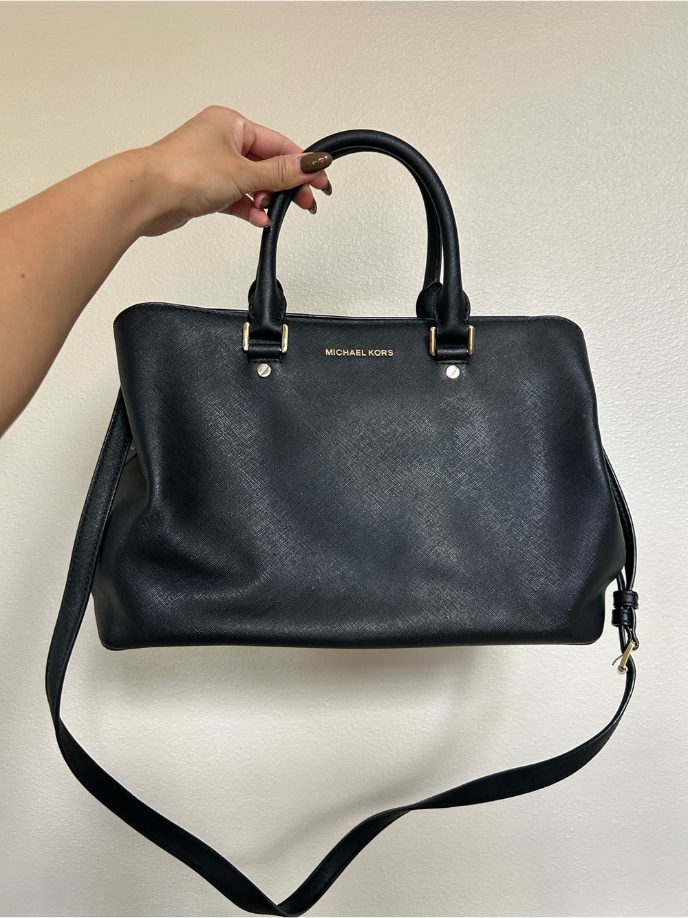 Michael Kors Black Saffiano Leather Satchel with Top Handles and Shoulder Strap